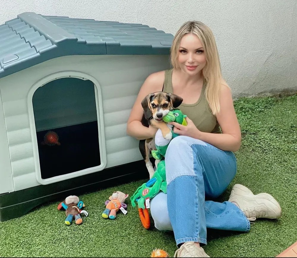 Mujer sentada en el césped con un cachorro beagle junto a una casa para perro y juguetes de peluche